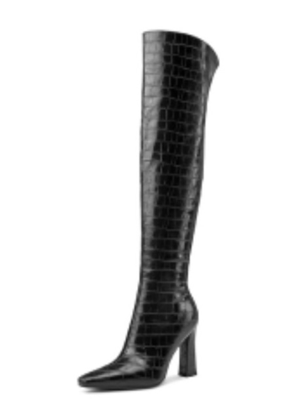 Black Over-the-Knee Croc-Embossed High Heel Boots